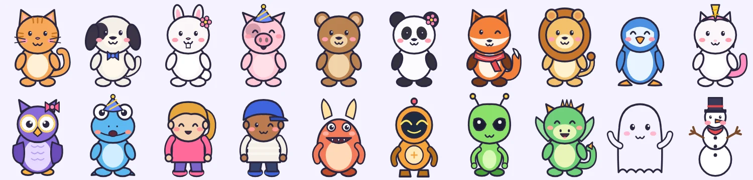 A sheet of Nova Animate cartoon characters: a cat, dog, bunny, pig, bear, panda, fox, lion, penguin, unicorn, owl, frog, kids, monsters, a robot, an alien, a dragon, a ghost and a snowman