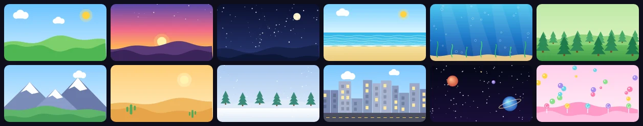 Twelve Nova Animate background scenes: sunny day, sunset, night sky, beach, under the sea, forest, mountains, desert, snow, city, space and candy land