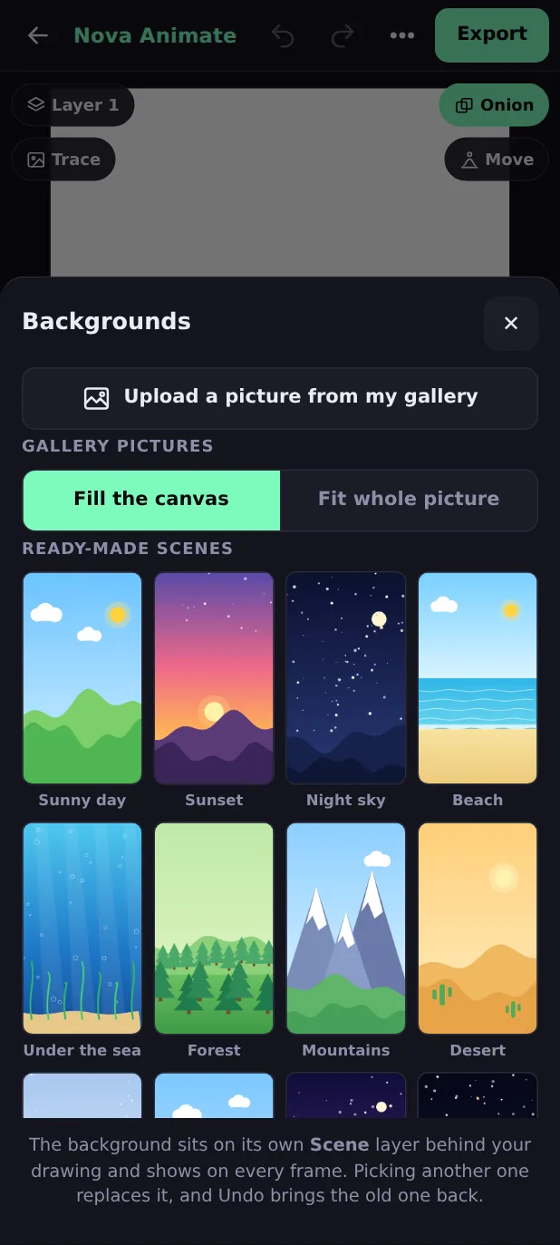 The Backgrounds sheet with Upload a picture, Fill or Fit and a grid of scenes
