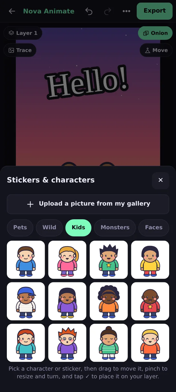The Stickers and characters sheet showing kid characters in the Kids tab