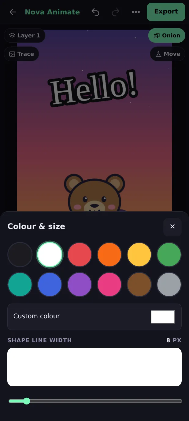 The Colour and size sheet with 12 colours, a custom colour and a brush size slider
