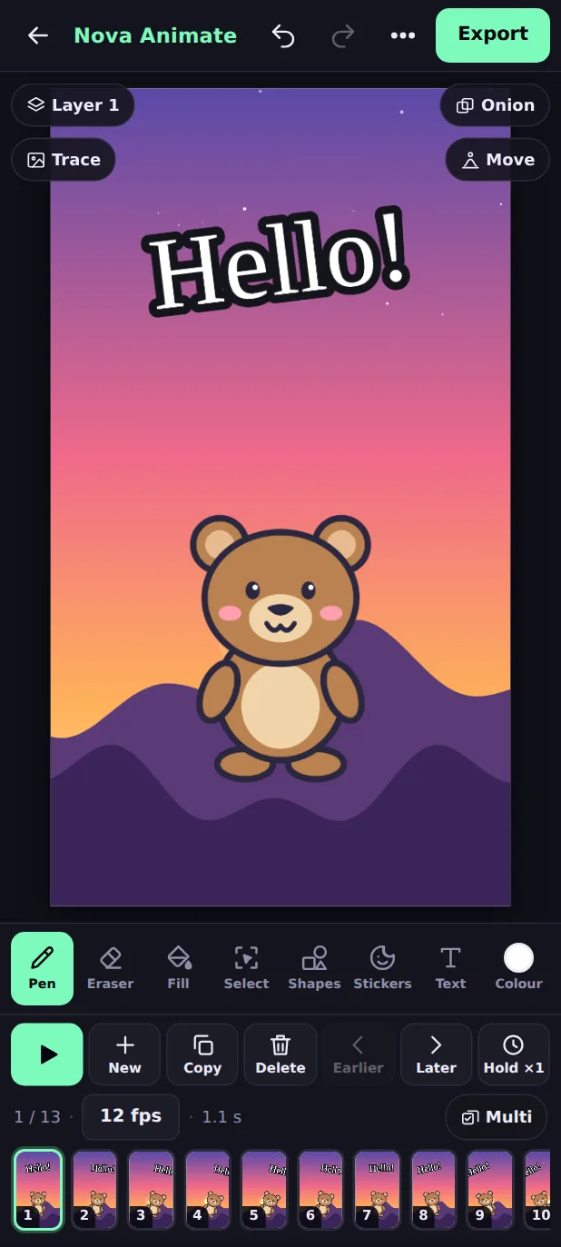 Nova Animate on a phone: a bear on a sunset background with the drawing tools and the frame timeline