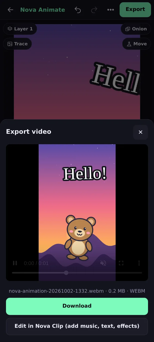 The finished video in Nova Animate with Download, Share and Edit in Nova Clip buttons