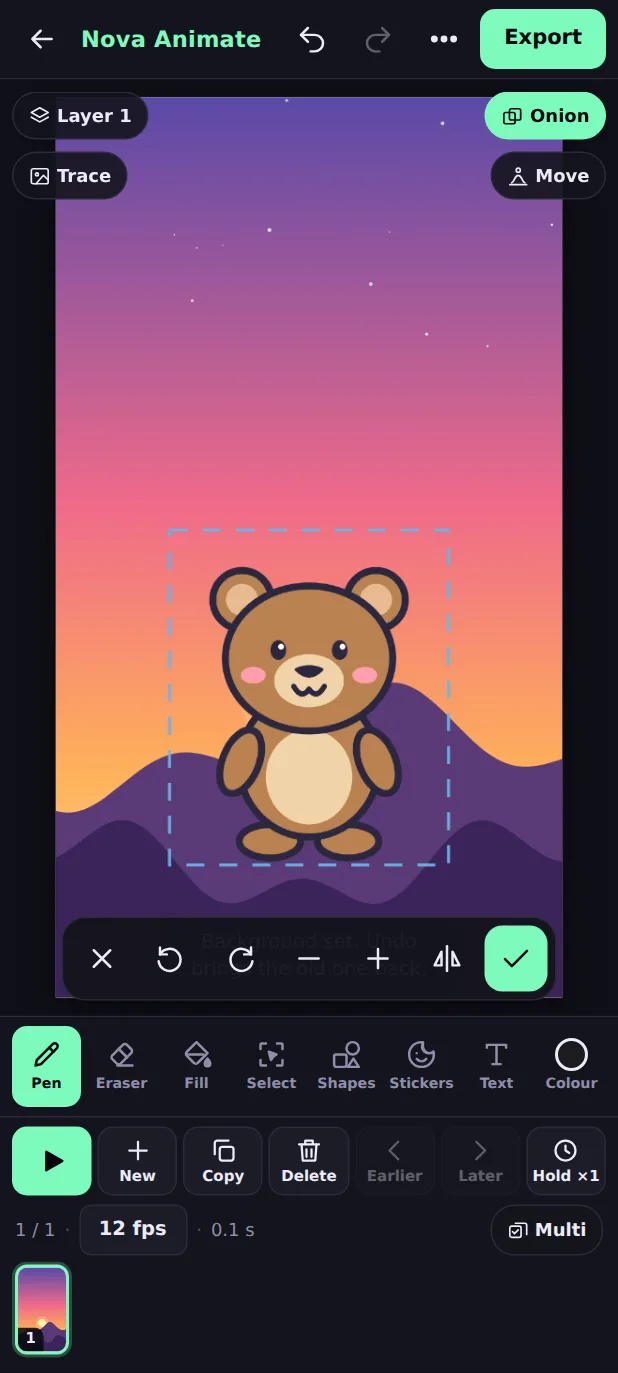 A bear character floating on the canvas with the move, turn, resize and tick buttons