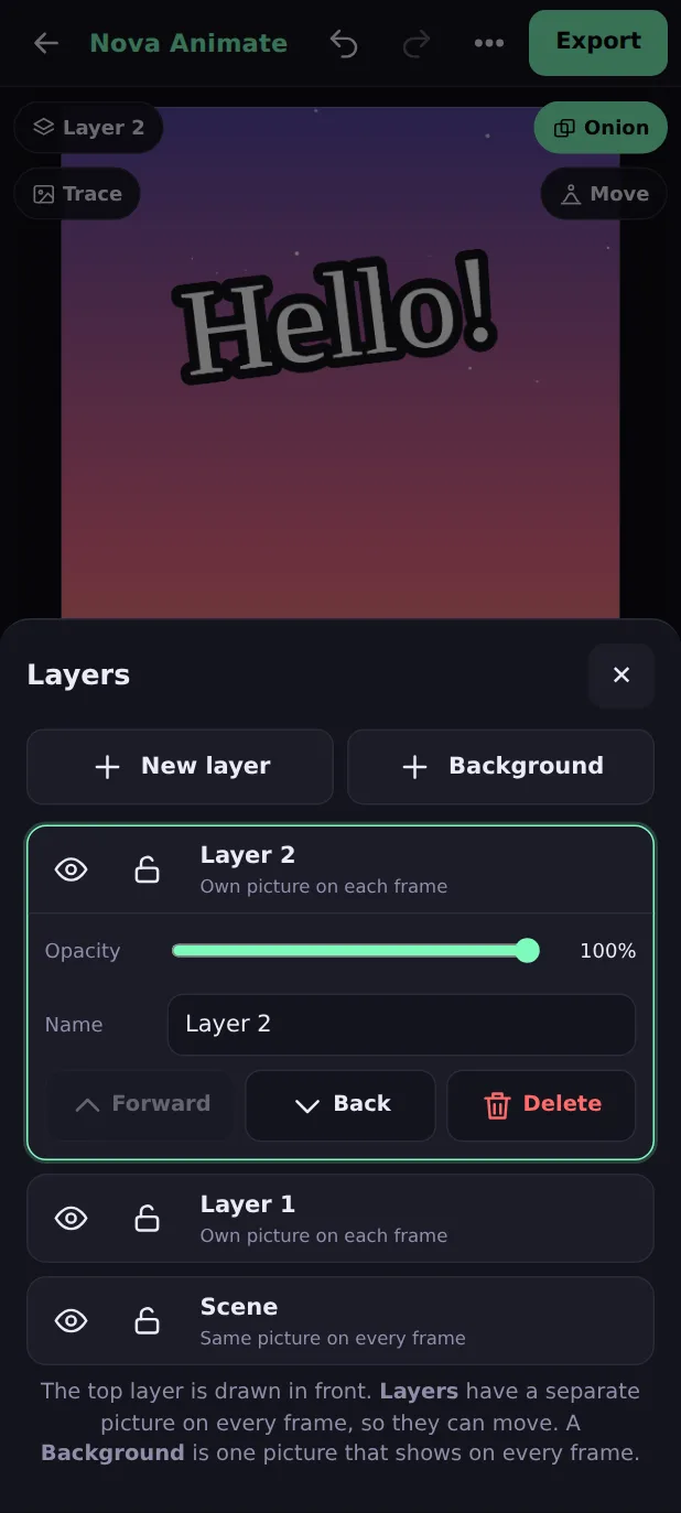 The Layers sheet in Nova Animate with a Scene layer, Layer 1 and Layer 2