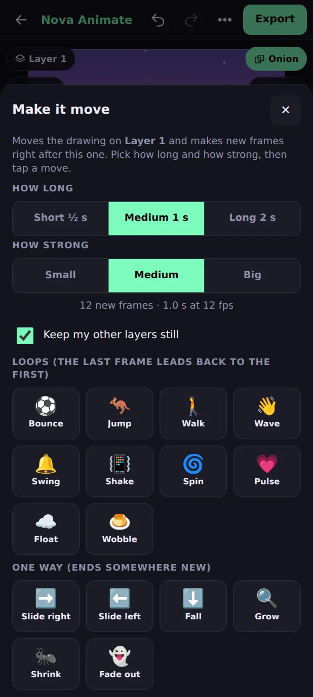 The Make it move sheet in Nova Animate with Bounce, Jump, Walk, Wave, Spin and other motions to tap