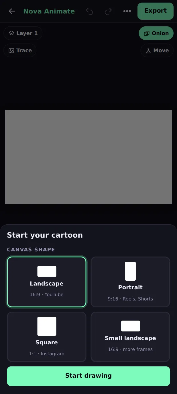 The Start your cartoon sheet in Nova Animate with four canvas shapes