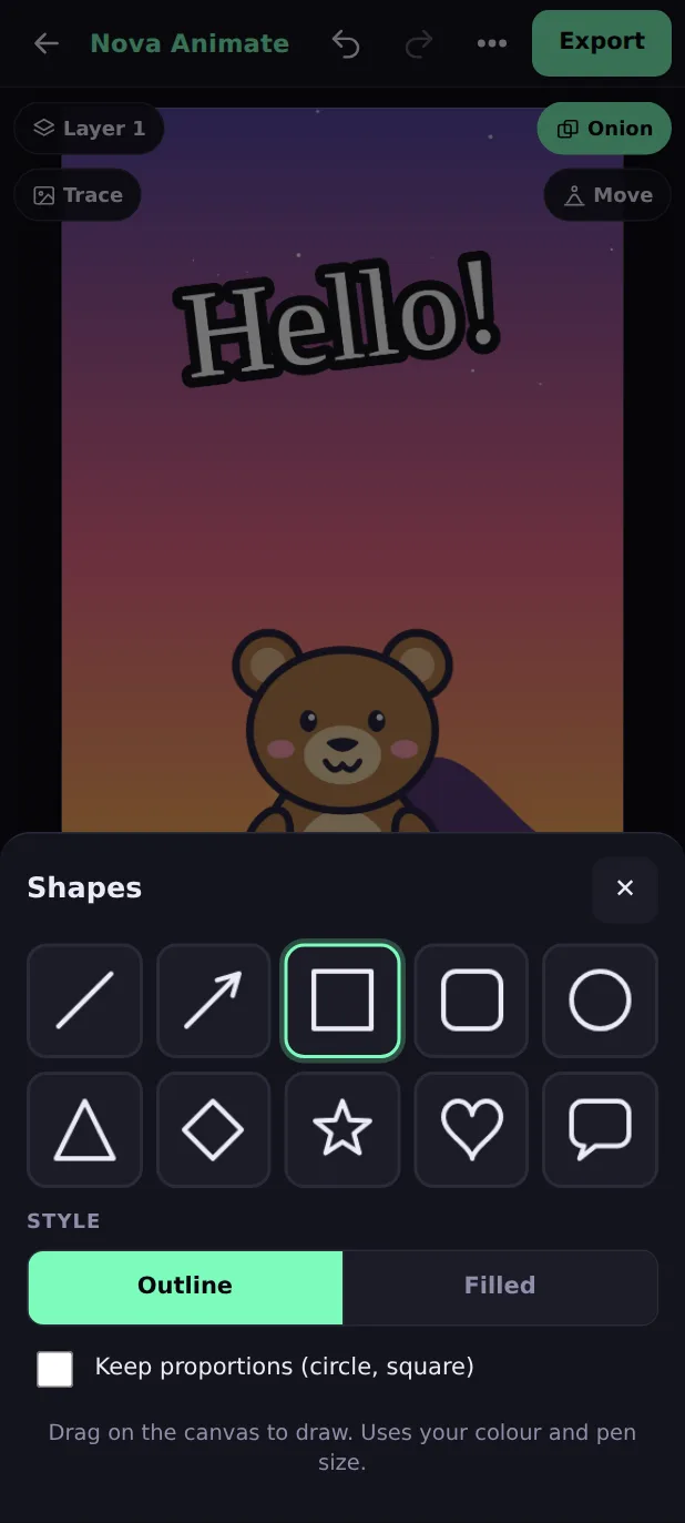 The Shapes sheet with ten shapes, Outline and Filled, and Keep proportions