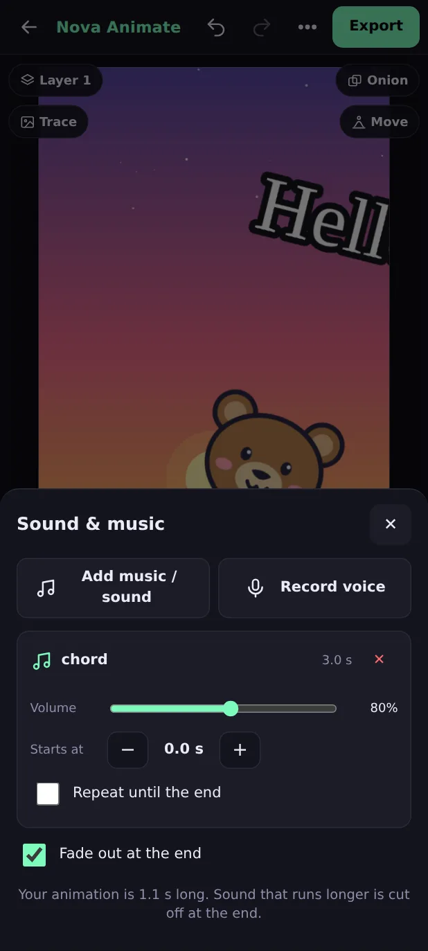 The Sound and music sheet in Nova Animate with a chord track, volume, start time and Record voice