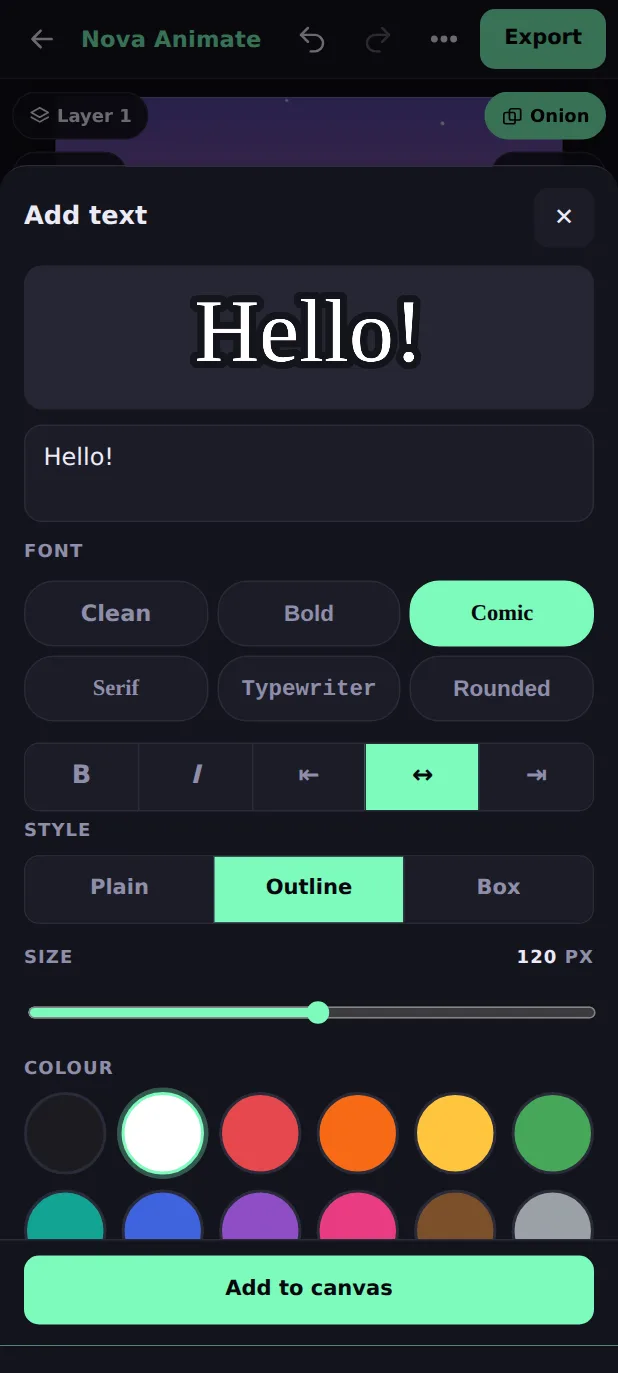 The Add text sheet in Nova Animate with a Hello preview, six fonts, outline style and colour choices