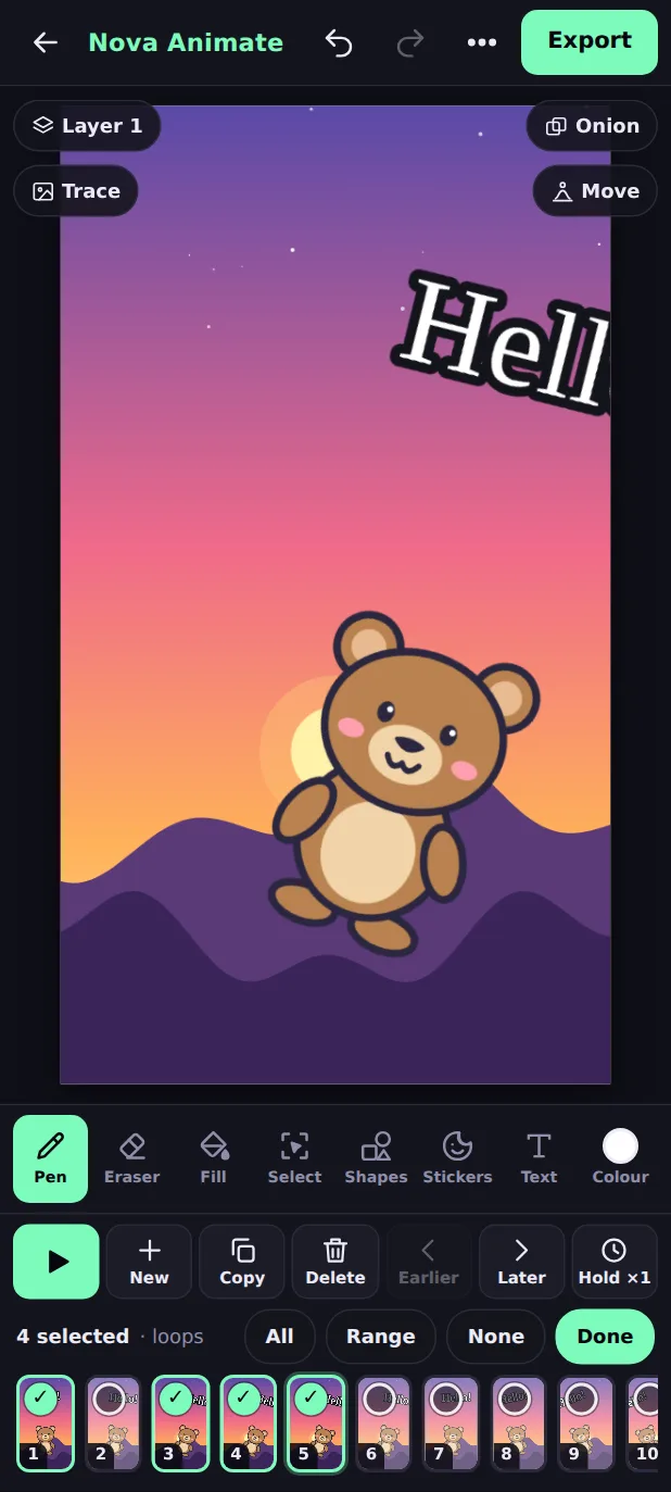 Nova Animate timeline in Multi mode with several frames chosen and Copy, Delete, Earlier, Later and Hold buttons
