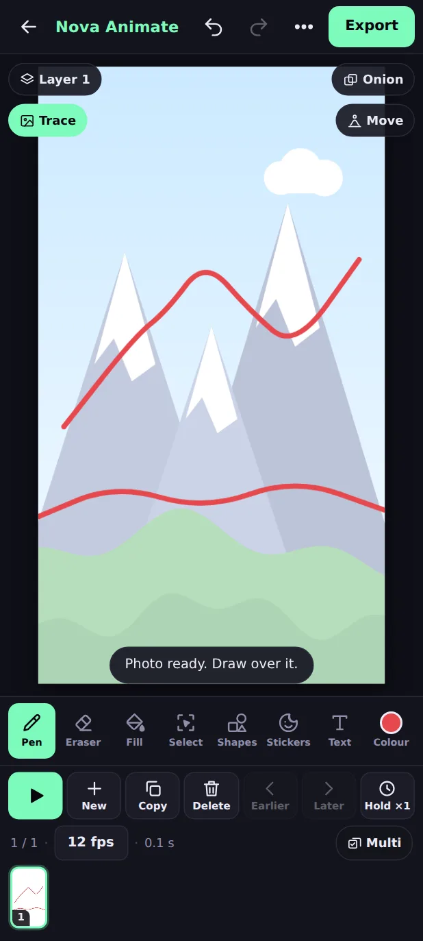 A mountain photo shown faintly in Nova Animate with red lines traced over the peaks