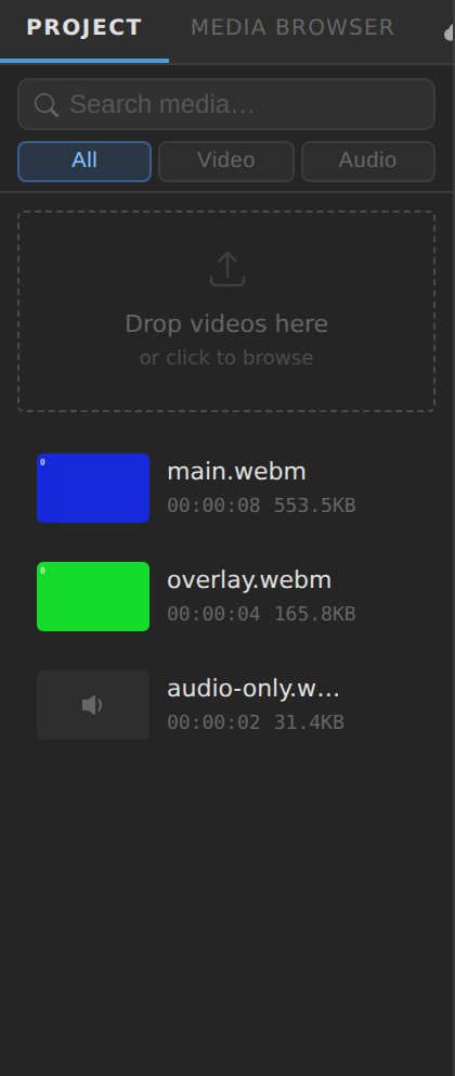 Media panel showing three imported clips with thumbnails, duration and file size