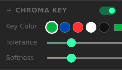 Chroma Key panel with color presets, Tolerance and Softness sliders