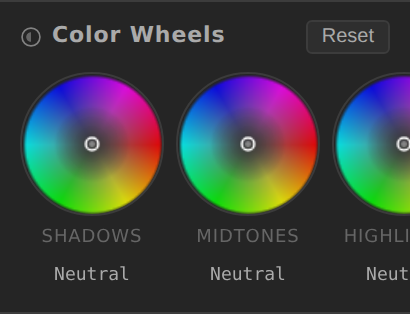 Color Wheels panel with Shadows, Midtones and Highlights wheels