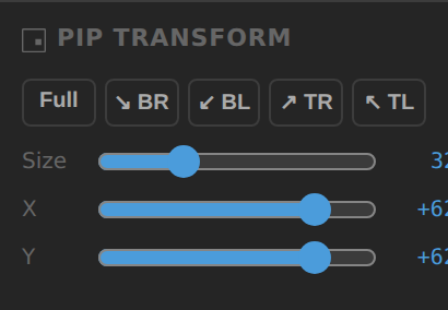 PiP Transform panel with corner presets and Size, X, Y sliders