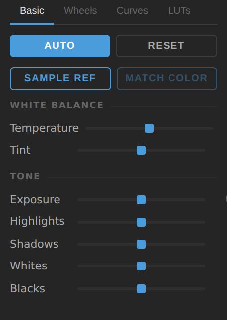 Lumetri Basic tab with white balance and tone sliders, plus Sample Ref and Match Color buttons