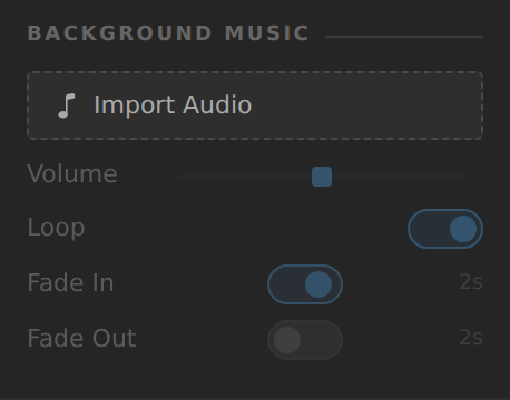 Background Music panel with Import Audio, Volume, Loop, Fade In and Fade Out controls