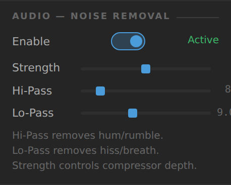 Noise Removal panel with Enable toggle, Strength, Hi-Pass and Lo-Pass sliders
