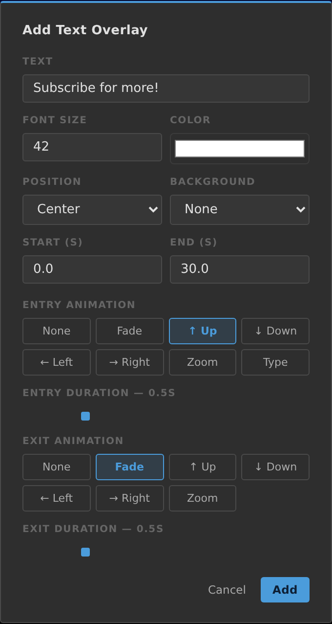 Add Text Overlay modal with separate Entry and Exit animation pickers