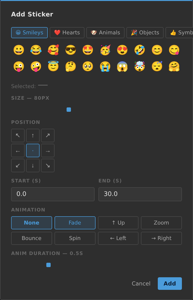 Add Sticker modal with an emoji grid, size, position and animation controls