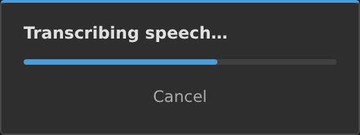 Auto Caption progress panel showing a transcription progress bar