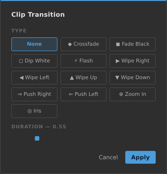 Clip Transition modal with 12 transition types and a duration slider