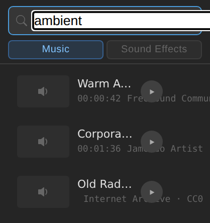 Media Browser search results combining tracks from Openverse and Internet Archive