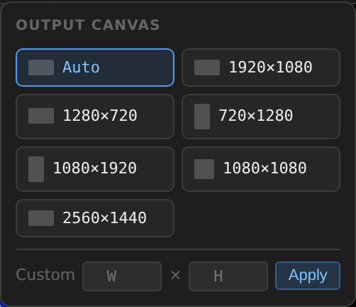 Output Canvas popover with aspect-ratio presets and a custom width by height field