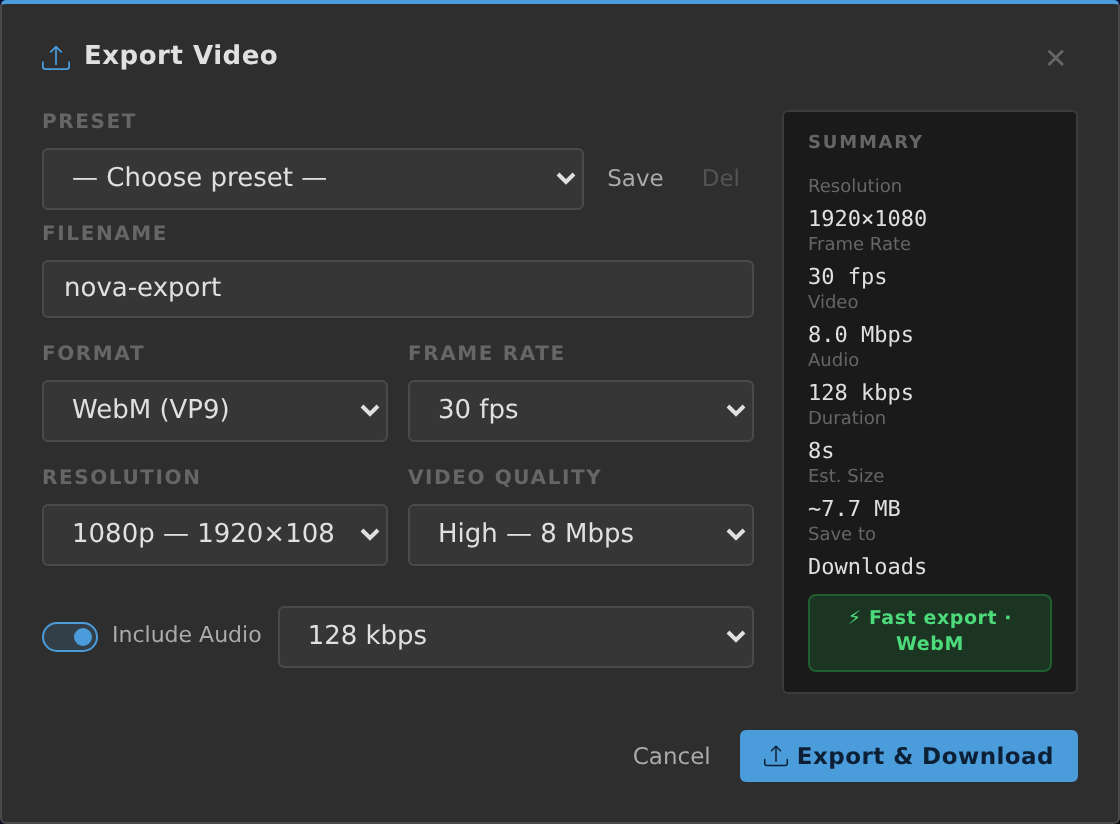 Export Video modal with format, resolution and quality settings, plus a summary panel